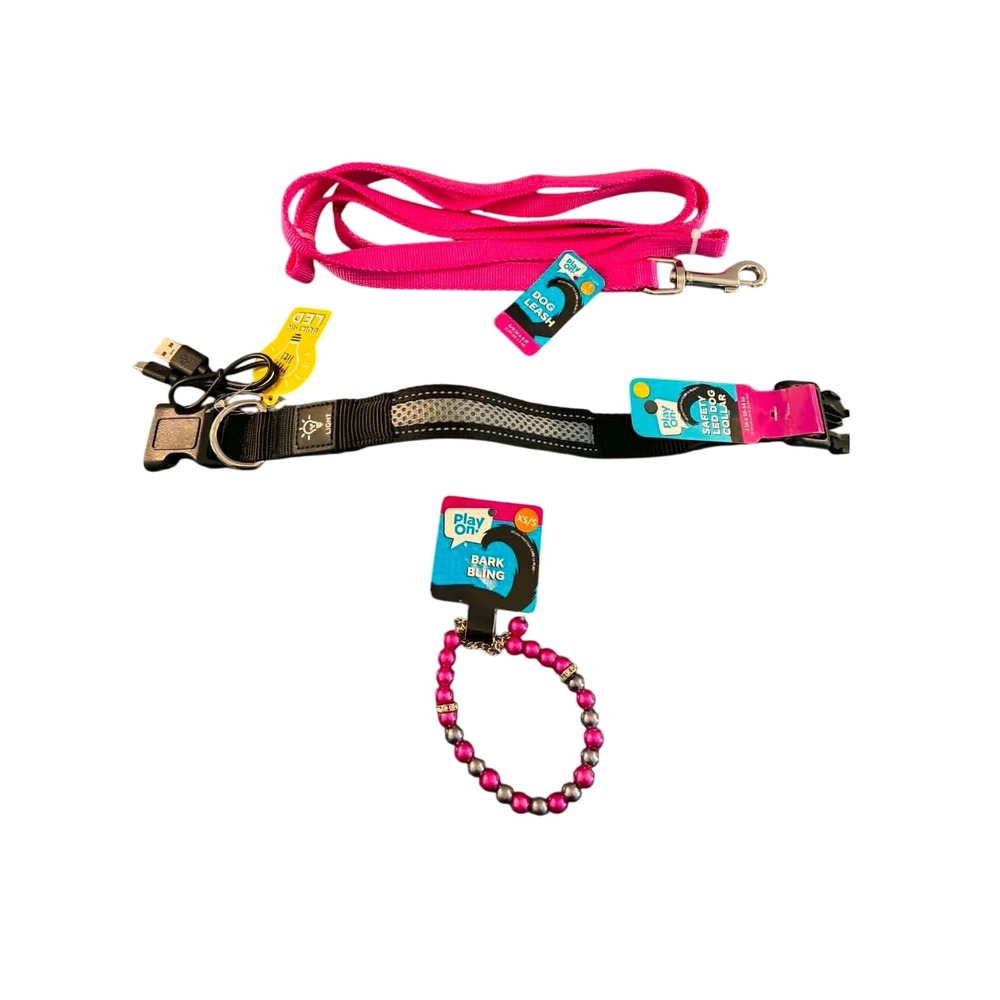 Play On! Dog Accessory Set XS/S Pink Black LED Collar Leash Bark Bling Necklace